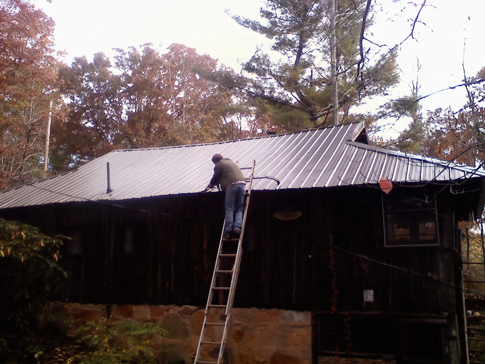 Roofer on a ladder working along the edge of a cabin metal roof in Tensed