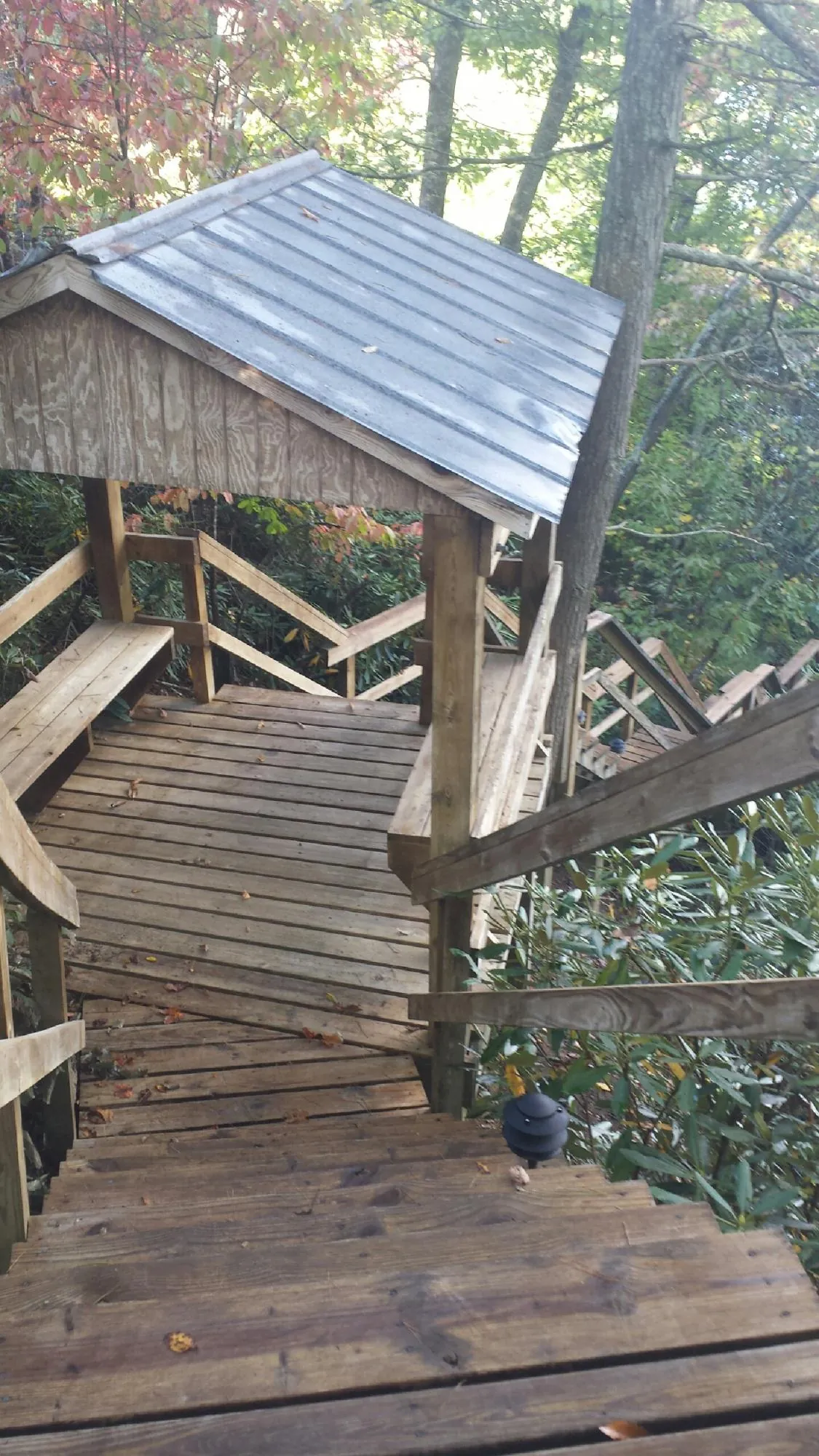 Metal roofed shelter over wooden steps on a wooded walkway — Skylight Repair & Installation work by our crew in Tensed